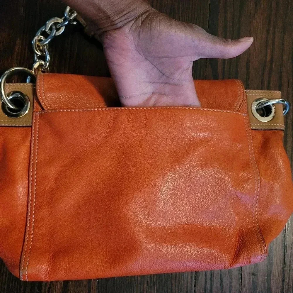 MILLY Orange tan soft leather gold chain link shoulder bag purse contemporary